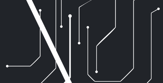 Diseño gráfico en tonos oscuros con líneas blancas que simulan un circuito electrónico.